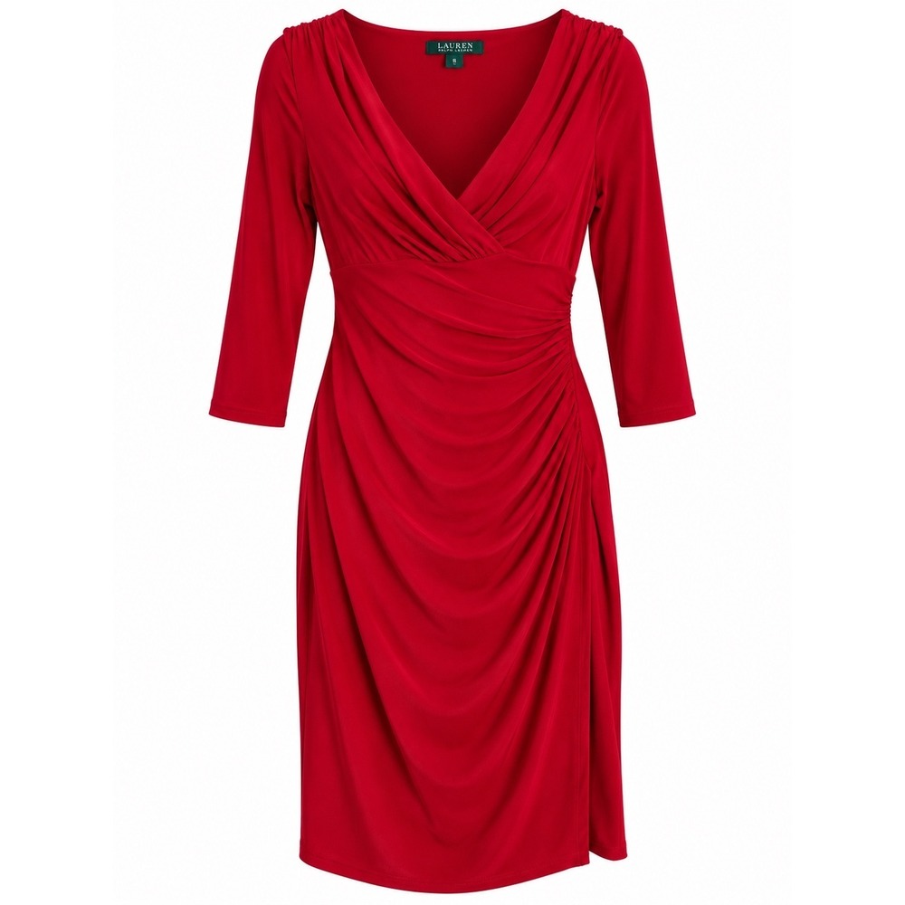 Lauren Ralph Lauren Red Ruched Faux Wrap Stretch Jersey Dress Size 8 Date Night
